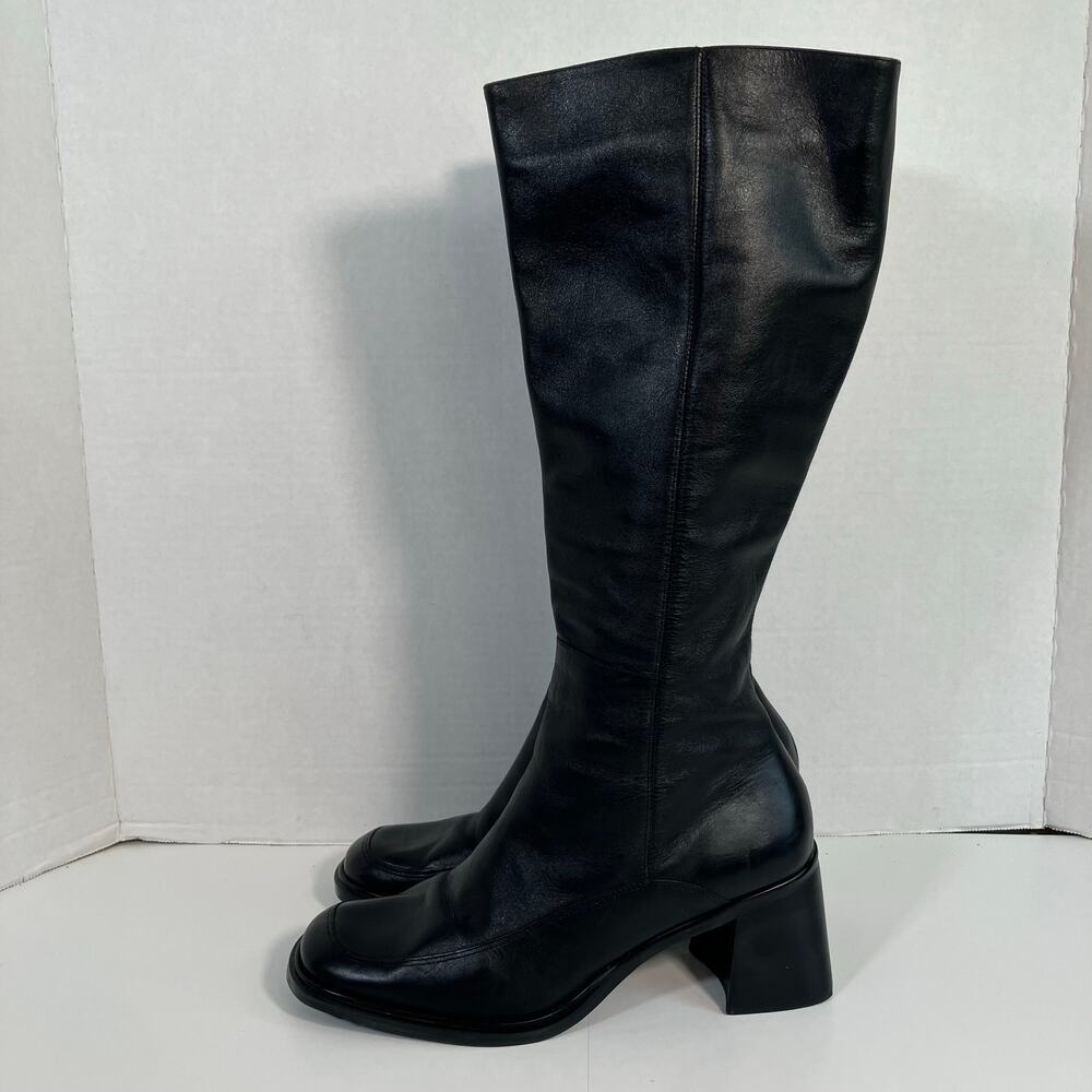 TriVia 9M Vintage 90s Y2K Black Leather Square Toe Chunky Block Heel Tall Boots